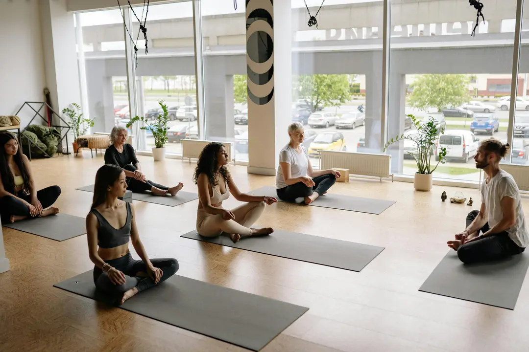 A group of people doing beginners yoga meditation retreat